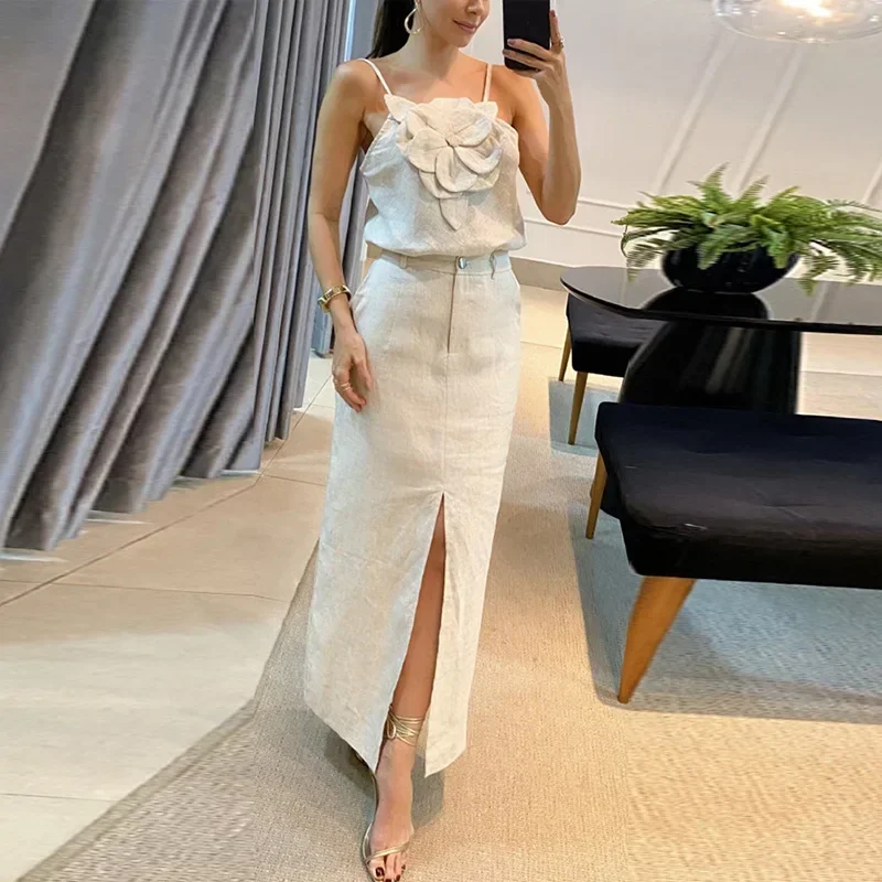 Cotton Linen 3D Flower Skirt Sets Women Off Shoulder Backless Sling Top High Waist Split Skirt 2024 Summer Casual Lady Outfits