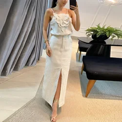 Cotton Linen 3D Flower Skirt Sets Women Off Shoulder Backless Sling Top High Waist Split Skirt 2024 Summer Casual Lady Outfits