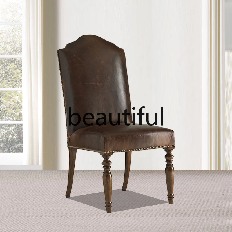 

American rural retro old imported first-layer cowhide soft bag with or without armrests Dining chair Study chair Balcony chair