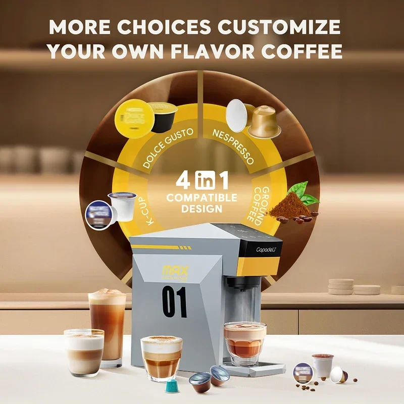 Icafilas 5 in 1 Multiple Capsule Coffee Machine DG Cappuccino Nespresso Small Capsule Pod KCUP Ground Coffee Tea Cafeteria 19Bar