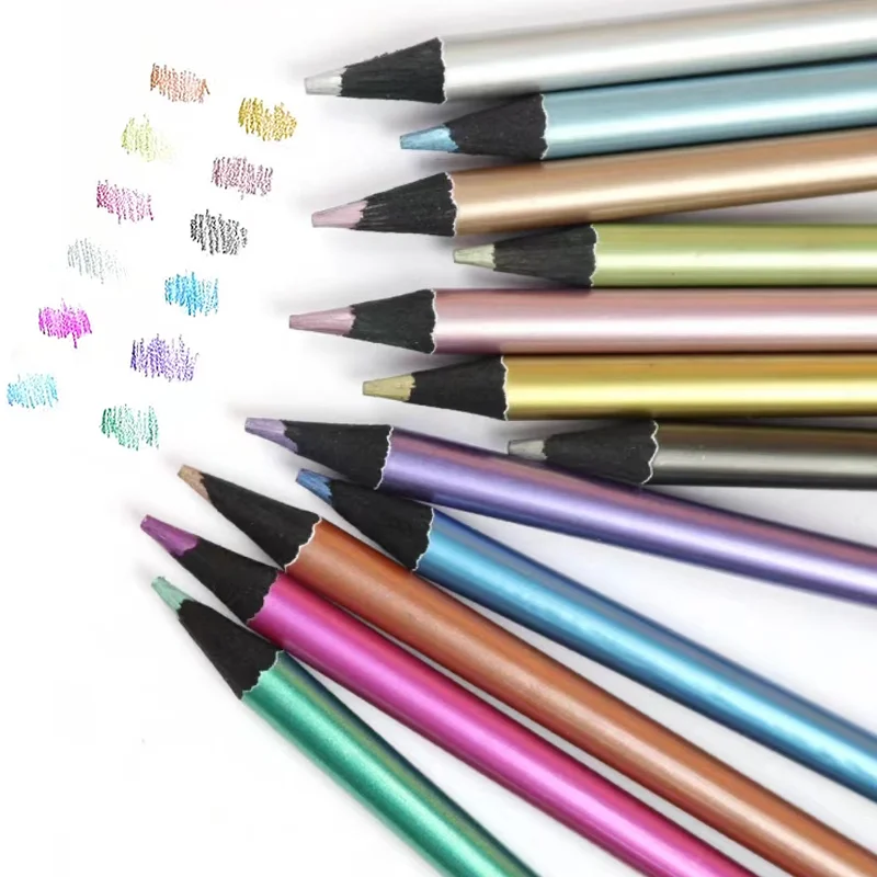 12 Color Metallic Colored Pencils Drawing Sketching Soft Wood Golden Pencil Set For Student Profession Art Supplies