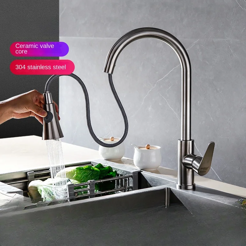 Kitchen 304 stainless steel double mixer faucet basin sink can be drawn can be rotated kitchen faucet