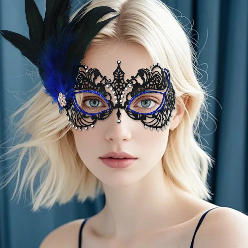 

Mask made of metal material, female half face irregular, black gold hollow out, suitable for makeup, dance, feather mask