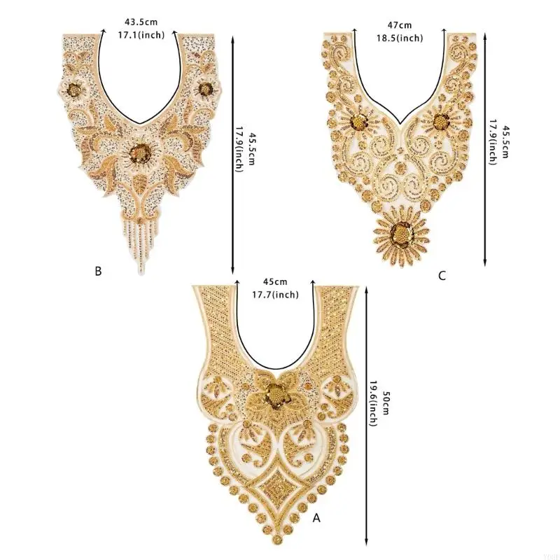 Embroidery Sequins Beads Sew on Collar Patches Applique for Evening Gown Dress Y08E