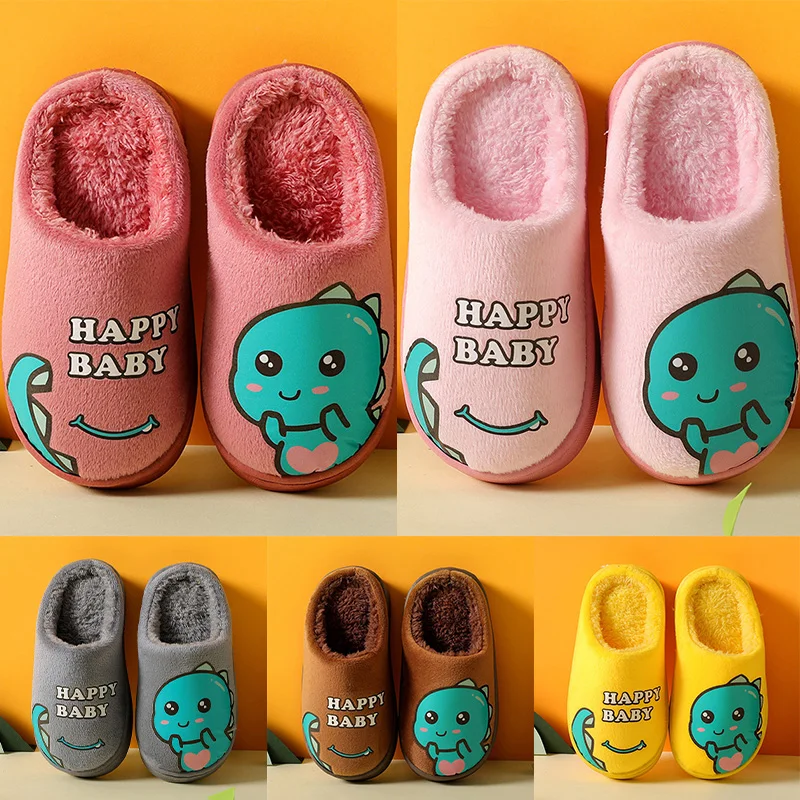 Winter Children Slippers New Kids Slippers Dinosaur Warm Plush Indoor Autumn Non-Slip Soft Plush Slipper Boys Girls Home Shoes