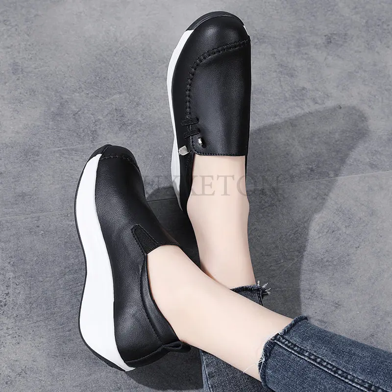 Women Flats Comfortable Loafers Shoes Woman Breathable Leather Sneakers Women Fashion Black Soft Casual Shoes Female