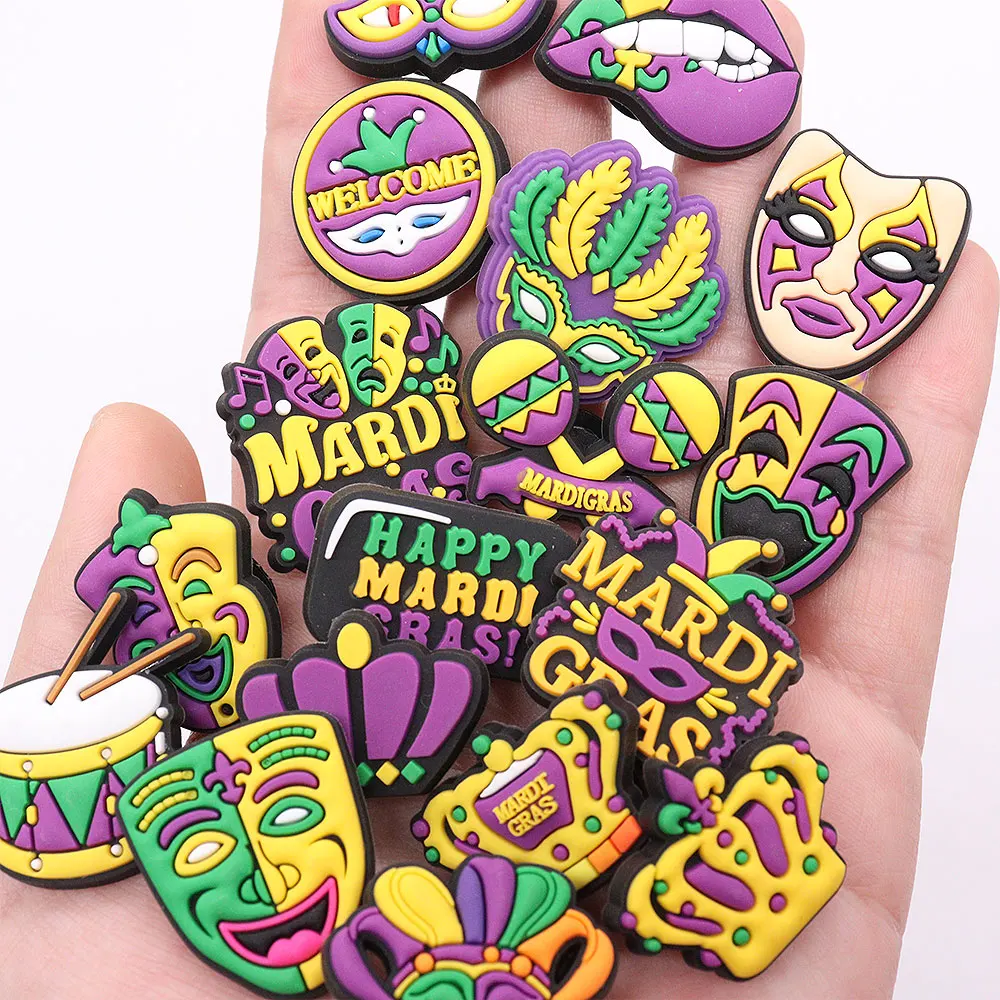 13-30Pcs Happy Mardi Gras Drum Hat PVC Shoes Button Charms Woman Man Sandals Accessories DIY Party Present