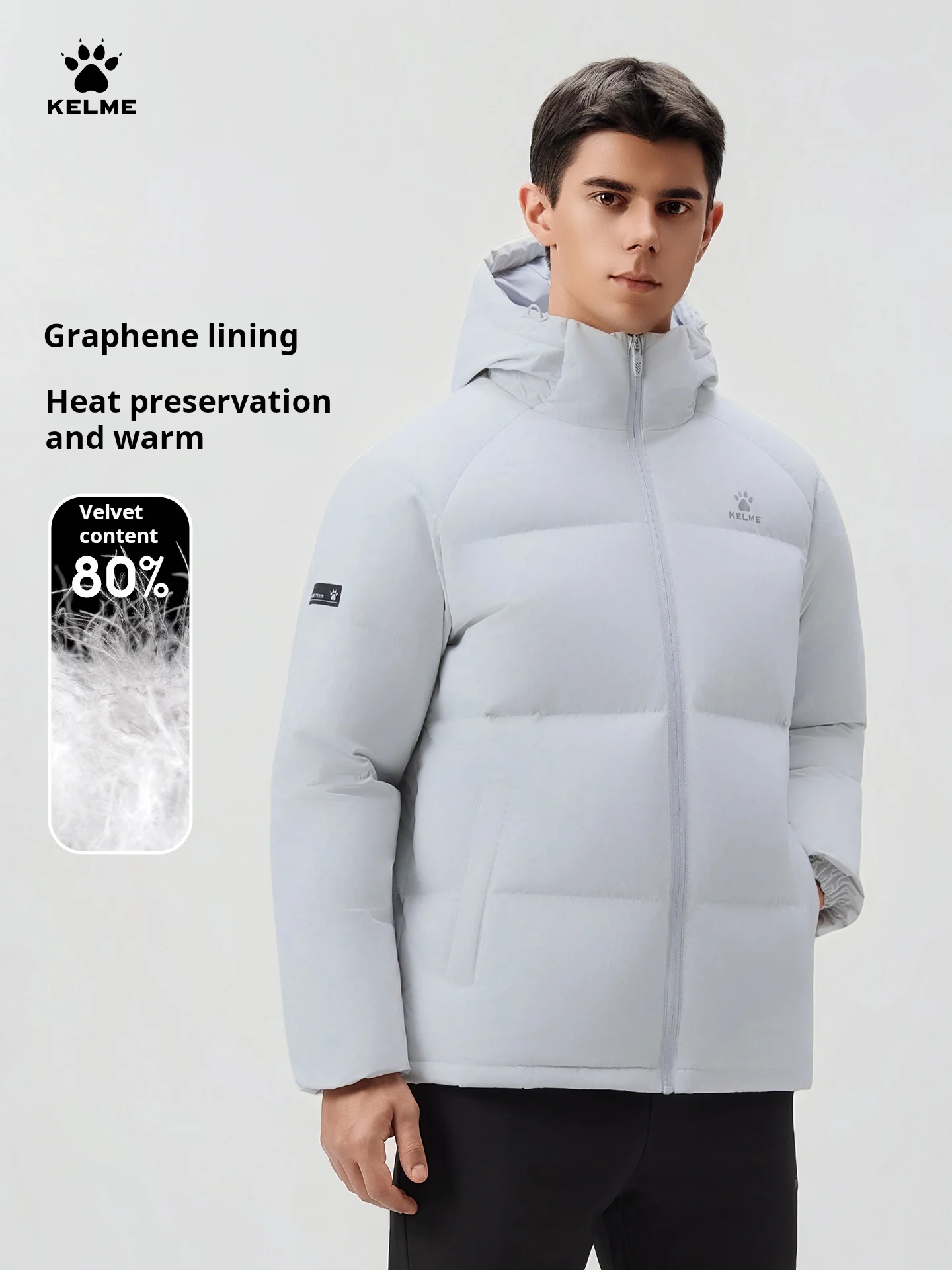 Kelme Men's Outdoor Down Jacket With Graphene Hooded Windbreaker Duck Down Insulated Fashionable Puffer Jacket