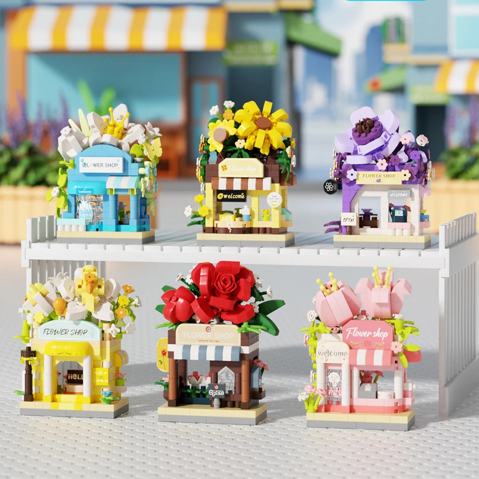متجر زهور صغير الحبيبات الصغيرة تجميعها عرض الشارع اللبنات الإبداعية DIY حلم متجر كتل لعبة تعليمية عادية الهدايا