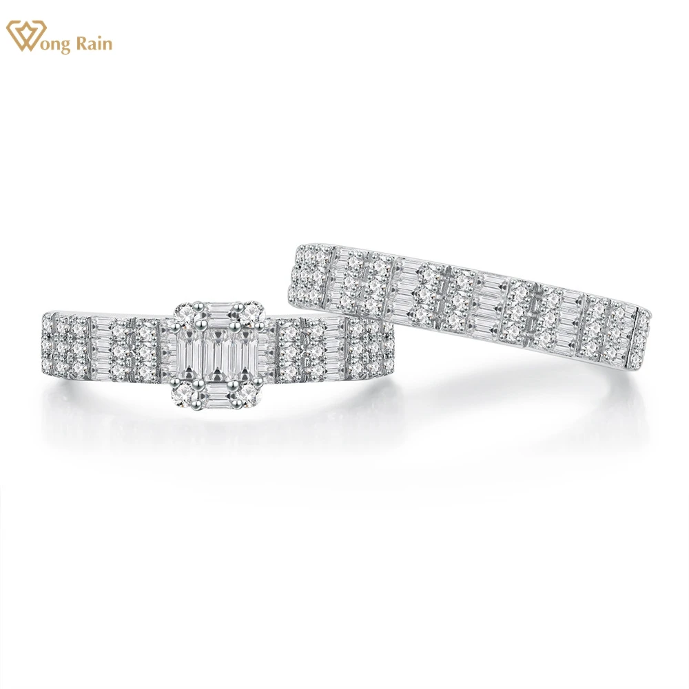 Wong Rain 100% 925 Sterling Silver Lab Sapphire High Carbon Diamond Gemstone Wedding Party Ring Set 2Pcs Fine Jewelry Wholesale