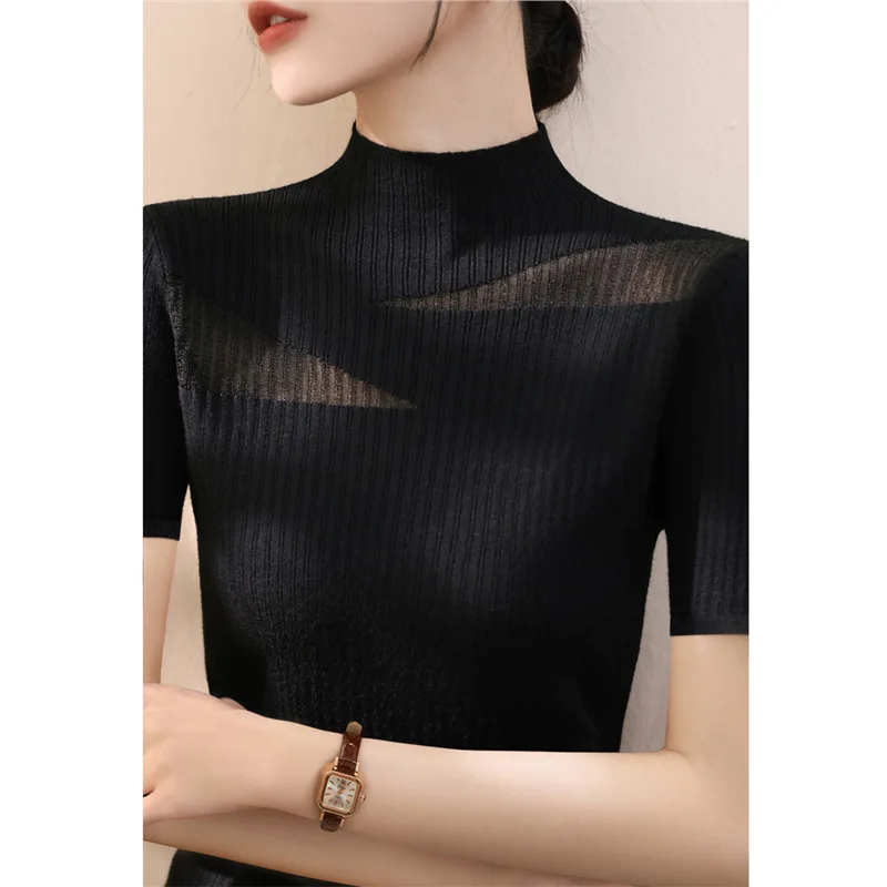 

Summer Half-High Collar Short-Sleeve Slim Knit Top New Lace Mesh Hollow Ice Silk Blouse For Women