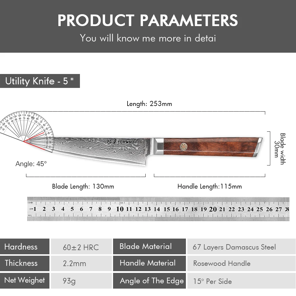 TURWHO 5-inch Kitchen Utility Knife Damascus Steel Chef Knives Meat Peeling Fruit Knife Japanese Octagonal Handle Cooking Tools