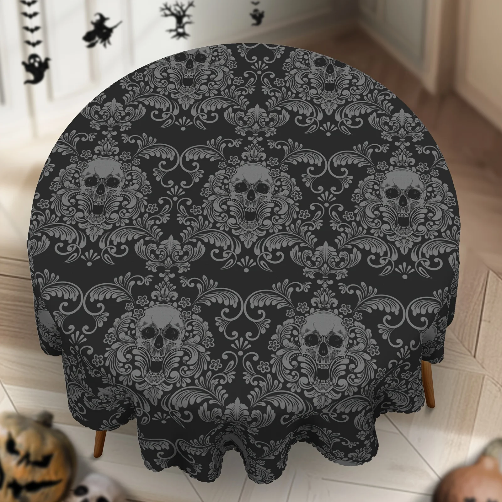 One Gothic-style black skull-print tablecloth - exquisite horror floral pattern, for Halloween partyzyc