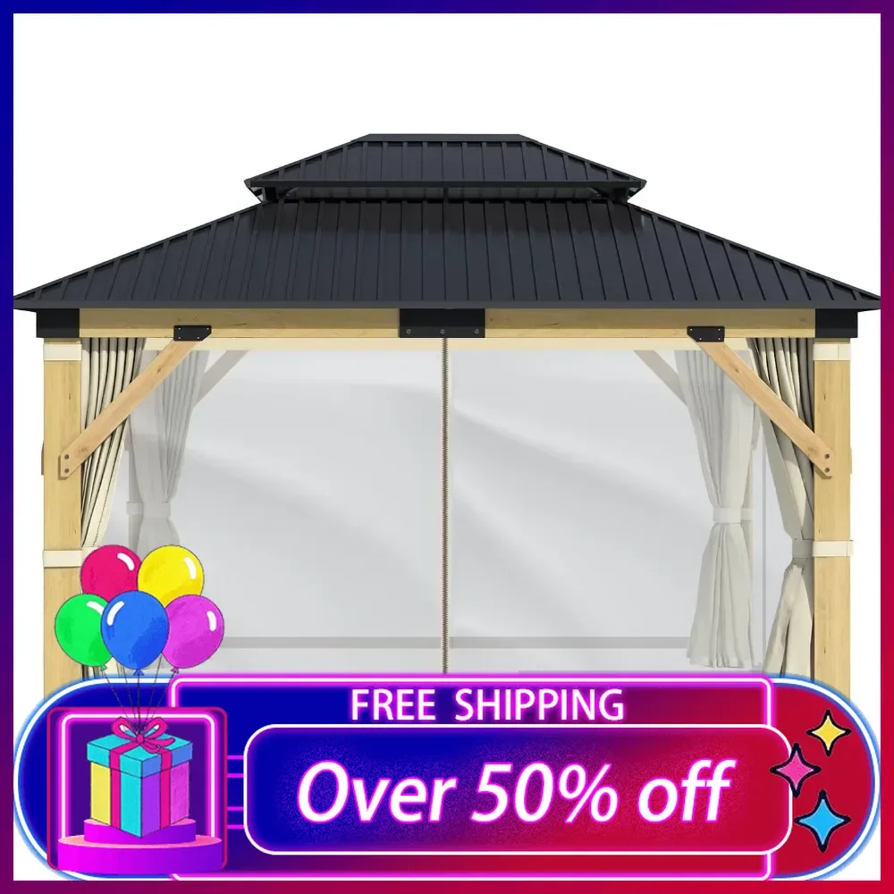 

11' x 13' Wooden Gazebo Curtains Part-Outdoor Hardtop Patio Gazebo Canopy Netting Walls with Zipper,Breathable Mesh and Curtain