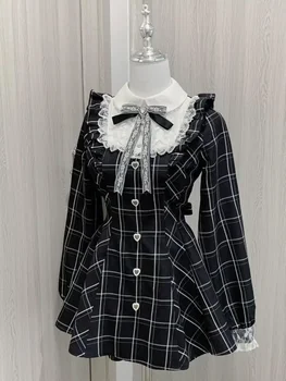 Harajuku Zoete Boog Zwarte Plaid Jurken All-Match Slim Fit Kawaii Lolita Jurk voor Vrouwen Herfst Nieuwe Lange Mouw vestidos De Mujer