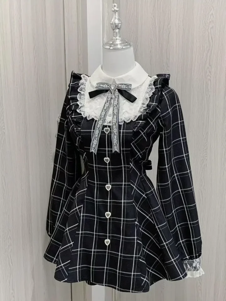 Vestido de cuadros negro con moño dulce estilo Harajuku, entallado y versátil, Kawaii Lolita para mujer, otoño, manga larga