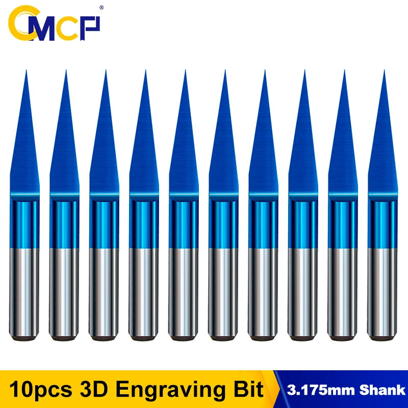 

CMCP 10pcs 3.175 Shank V Shape Engraving Bits 10 15 30 Degrees Carbide Flat End Mill Tip 0.1mm CNC Router Bit Milling Cutter