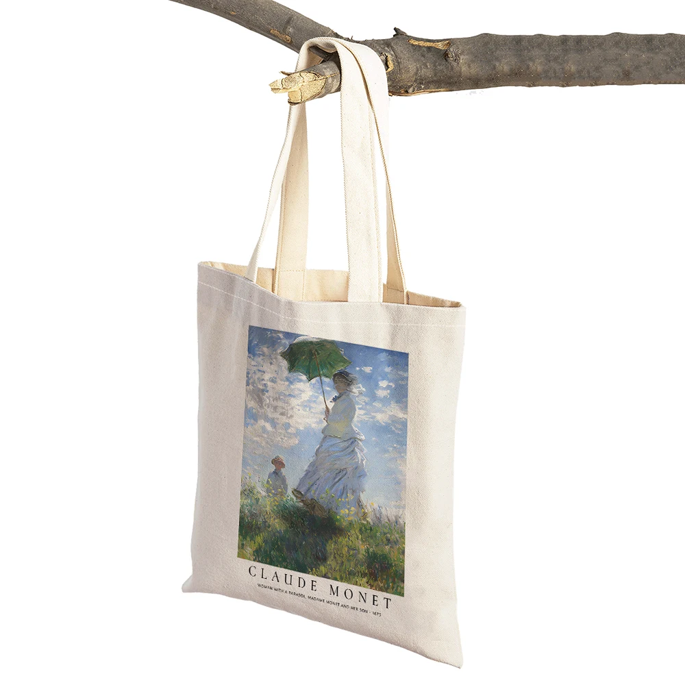 Retro Claude Monet Sea Abstract Landscape Shopper Bag Double Print Children Tote Handbag Casual Women Shopping Shoulder Bags