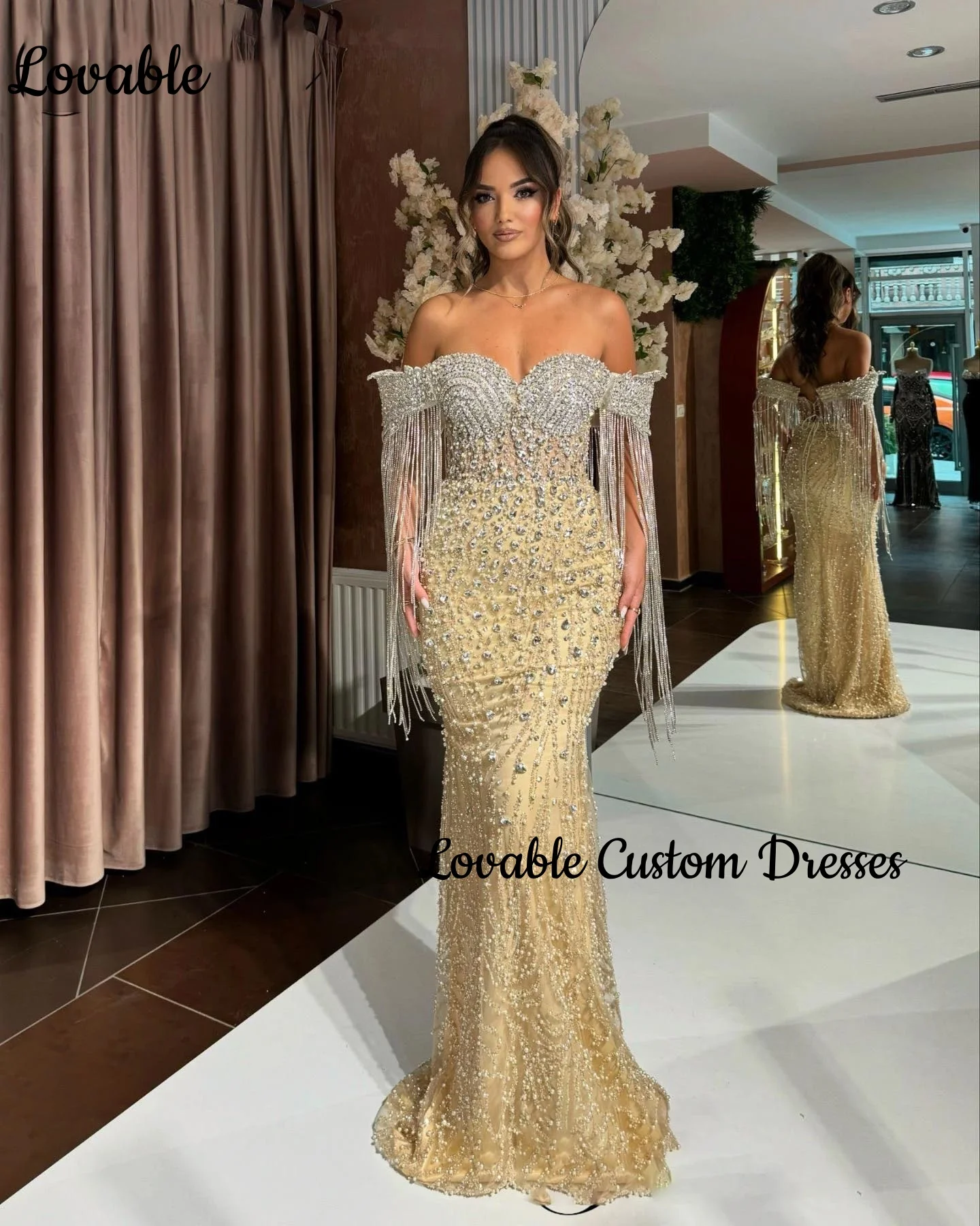 Customized Prom Dresses 2025 Mermaid Off-The-Shoulder Neckline Floor-Length Beadings Luxury Evening Dresses Zipper Up Sleeveless