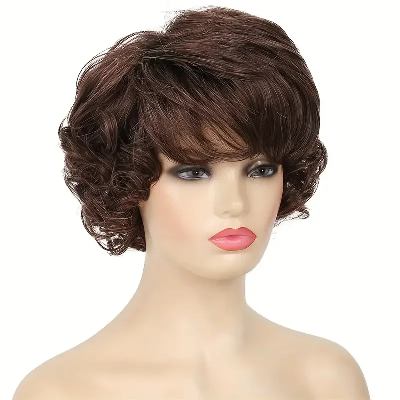 Short brown curly wavy wig with bangs synthetic stylish brown wig for women Full Women's daily Party Wig