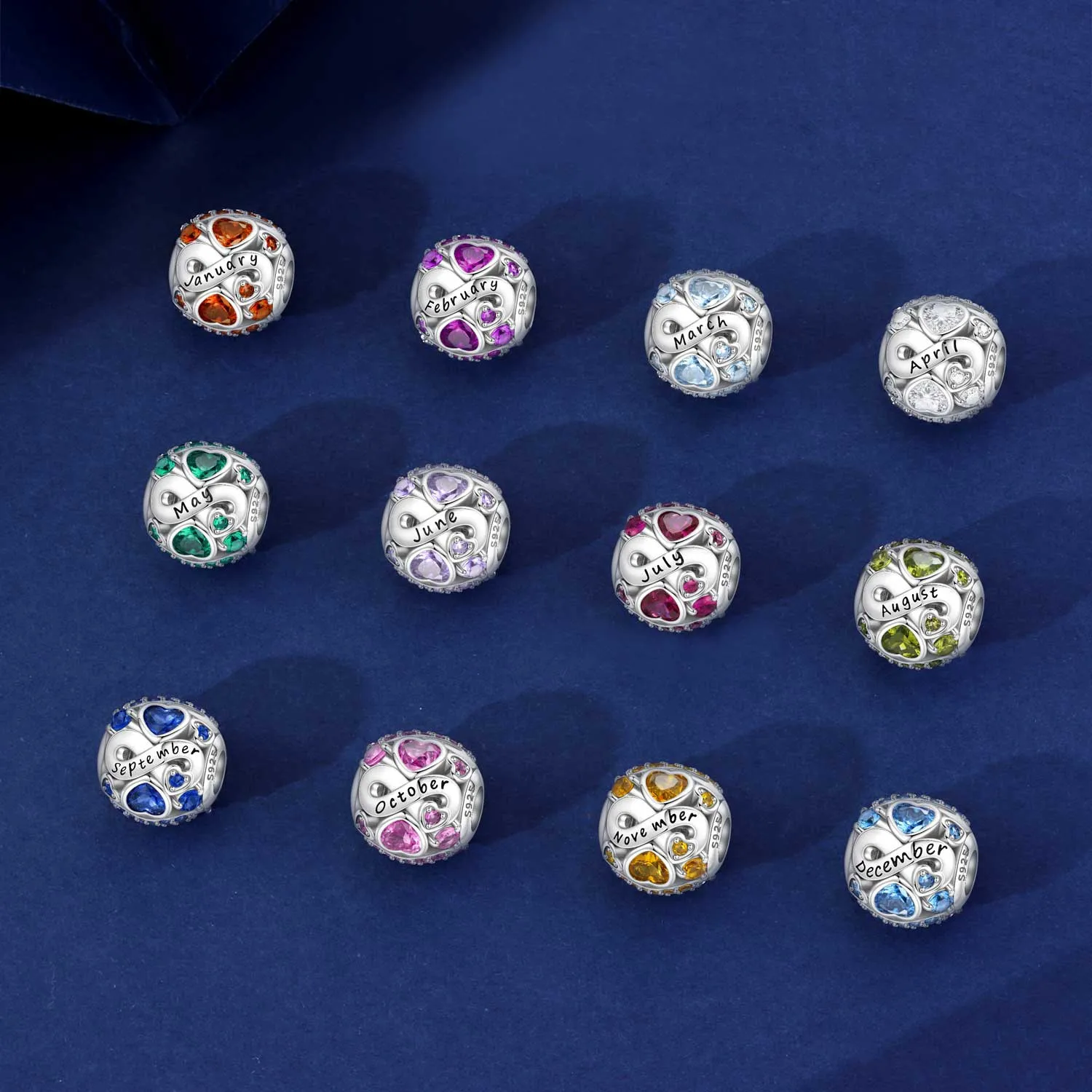 MISEFF S925 Sterling Silver Bead Sparkling Zirconia Birthstone Heart Beads January to December Fit Bracelet DIY Jewelry Making