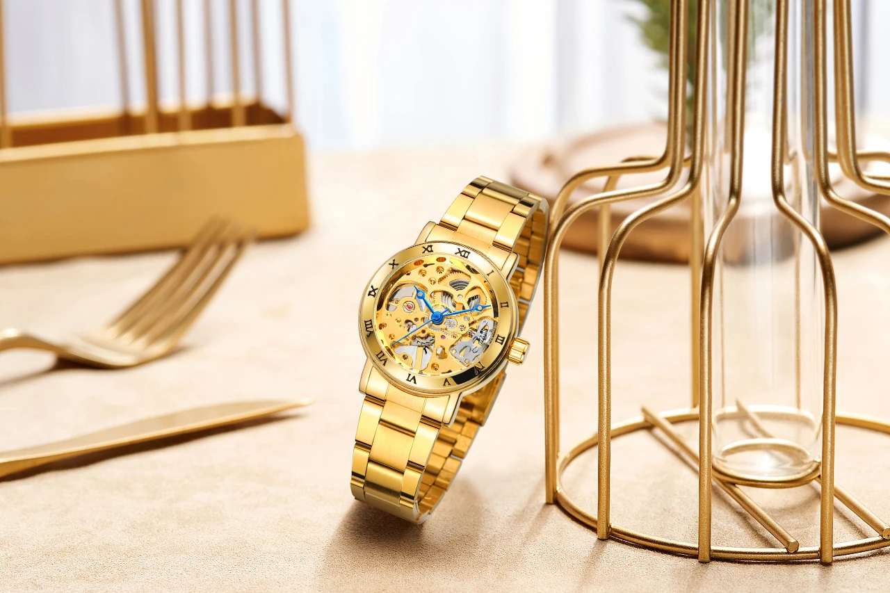T-WINNER Jam Tangan Mekanis Kerangka Wanita Bermerek Mewah Jam Tangan Bezel Angka Romawi Jam Wanita Modis Baja Tahan Karat