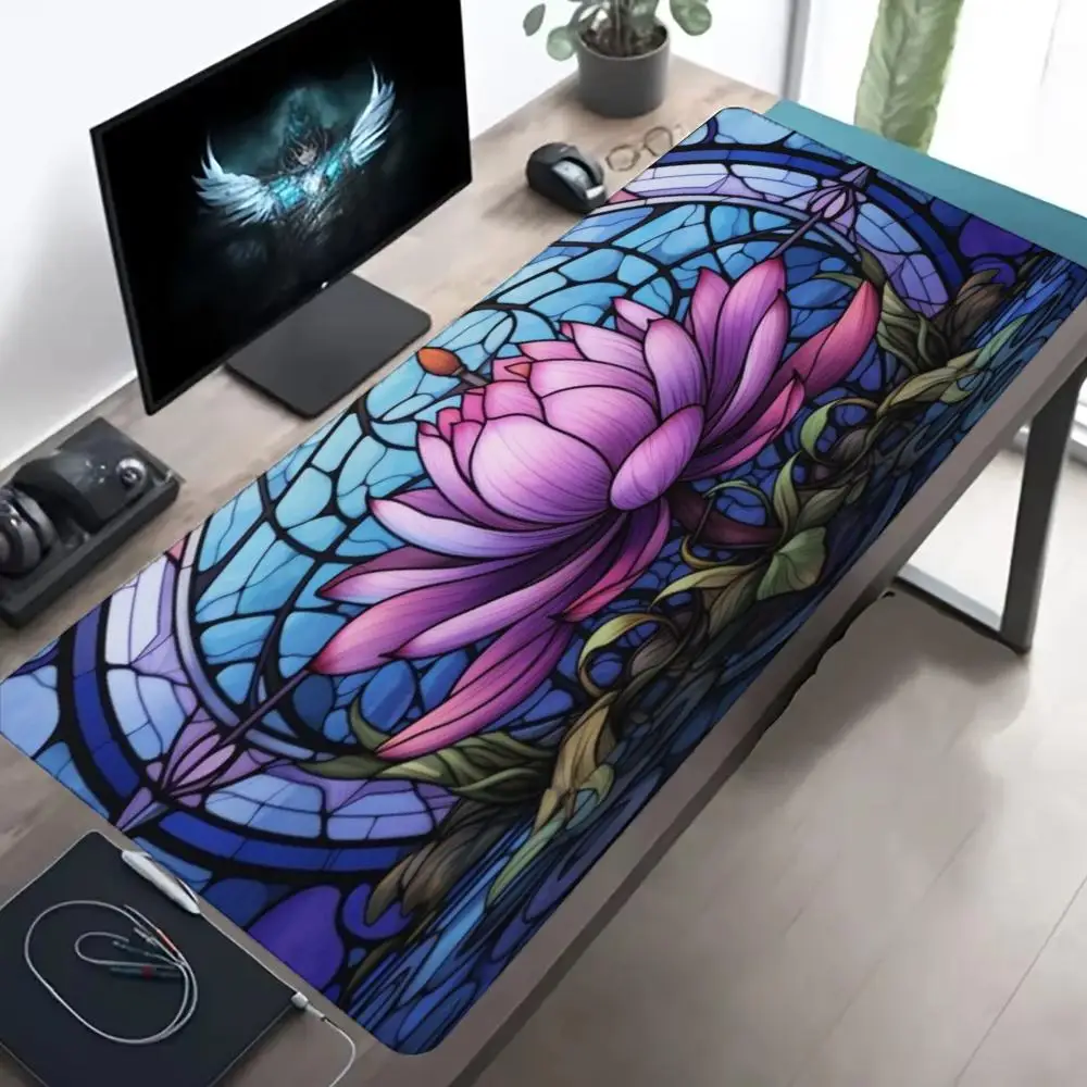 Stained Glass Four Seasons Tree Large Gaming Mouse Pad Non Slip Keyboard Desk Mat Colorful Art Desktop Mousepad Office Table Mat