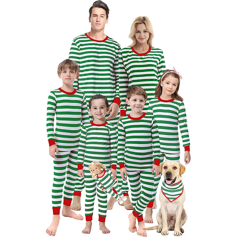 Christmas Family Matching Pajamas Set Striped Print Mom Dad Kids Home Clothes Warm Soft Sleepwear Baby&Dog Romper Pjs Xmas Look