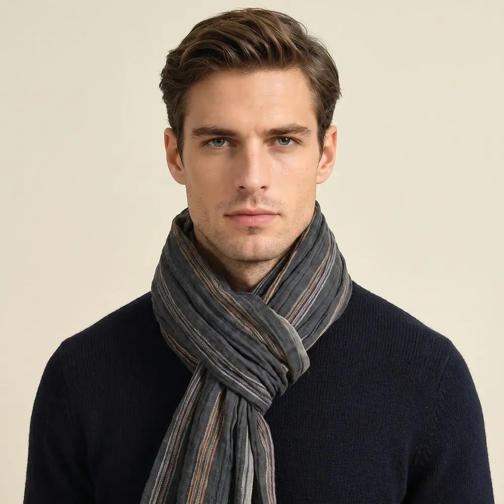 Fashion Breathable Striped Scarf Warm Casual Cotton Linen Shawl Lightweight Soft Wrap Office