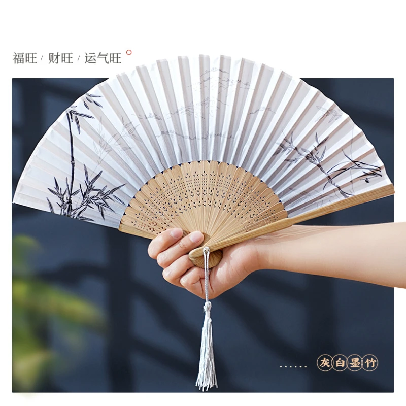 Ventilador de mano plegable de estilo chino, gran calidad, 33cm, japonés, Vintage, 13 pulgadas, grúa tradicional con cinta para Hanfu