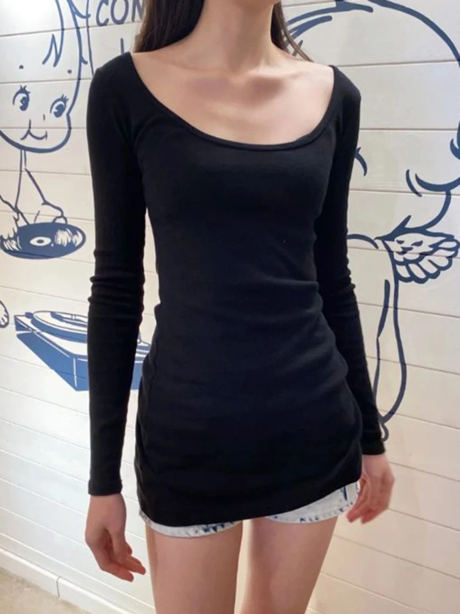 Black Sexy Slim Long Sleeve T-shirt Dress Women Spring Scoop Neck Cotton Tee Shirts Casual Solid Simple Sweet Tshirts Y2k Tops