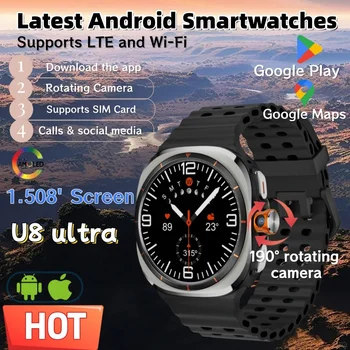 U8 Ultra Smart Watch Android 4G/5G Karta SIM 1.508''AMOLED 190 °   Obrotowa kamera 200W GPS WIFI Google Play Kompas Outdoorowa Męska
