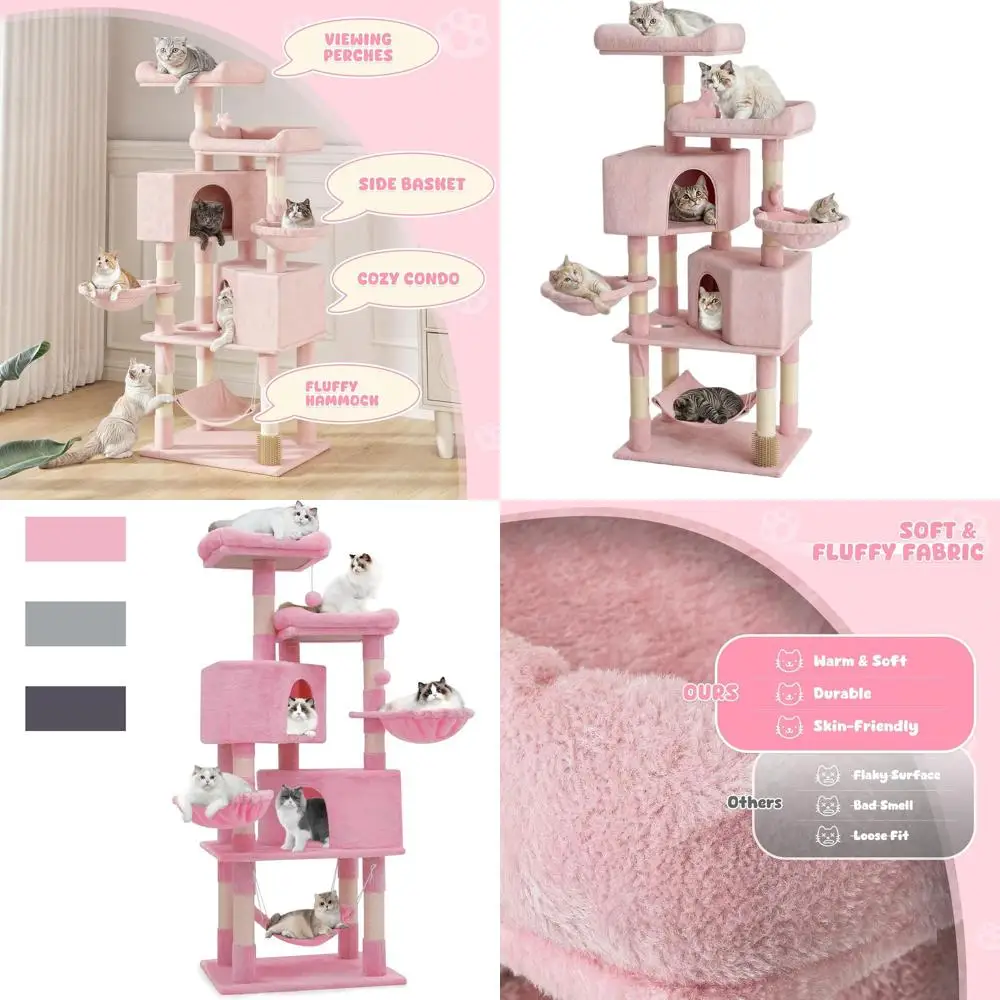 

58 Multi-Level Cat Tower with Toys, Scratching Posts, Perches, Hammock, and Ball for Indoor Cats and Kittens, Soft Pink