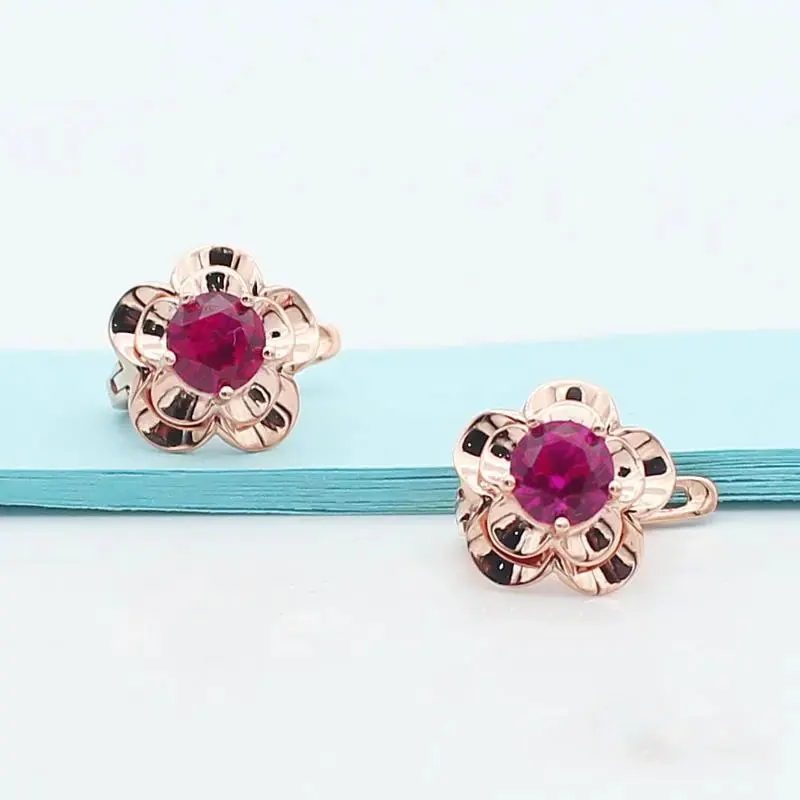 

585 purple gold 14k rose gold inlaid with exquisite ruby flowers earrings for women elegant romantic couple wedding jewelry