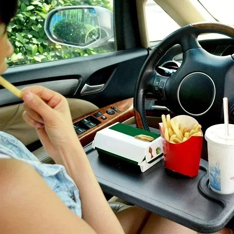 Car Steering Wheel Tray Table With Laptop Holder & Cup Holders, Universal Portable Car Mounted Meal Tray Snack Table