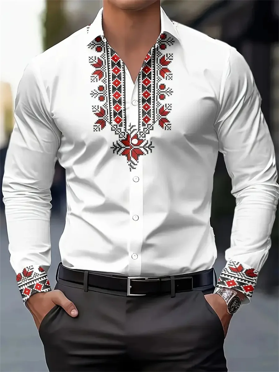 Men's 3D HD Printing Retro National Style Long Sleeve Casual Shirt Spring and Autumn Fashion Lapel All-match Tops XS-6XL Size