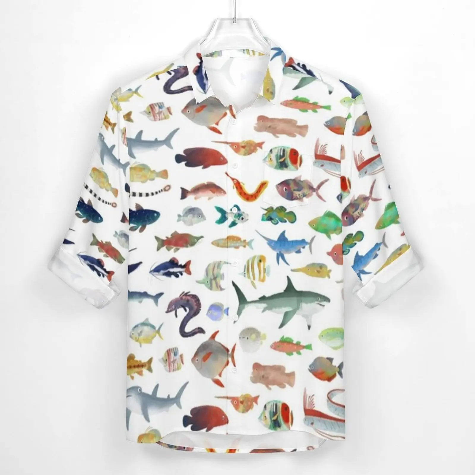 Great White Shark Casual Shirt Mens Ocean Life One Hundred Fish Print Shirt Autumn Trendy Blouses Long Sleeve Oversized Clothing