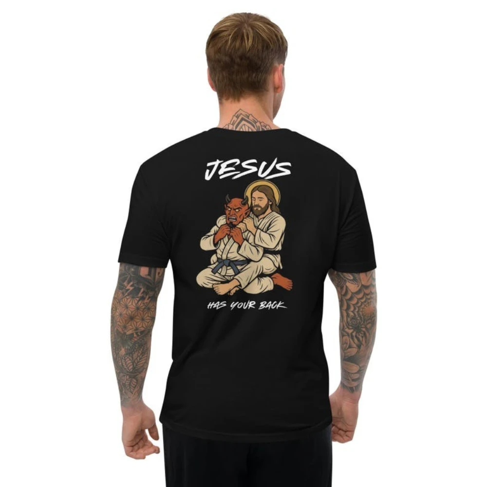 Jesus Has Your Back Jiu Jitsu T-Shirt Funny Christian BJJ Grappling Tee Men Crewneck Cotton Short Sleeve Summer Fashion Shirt
