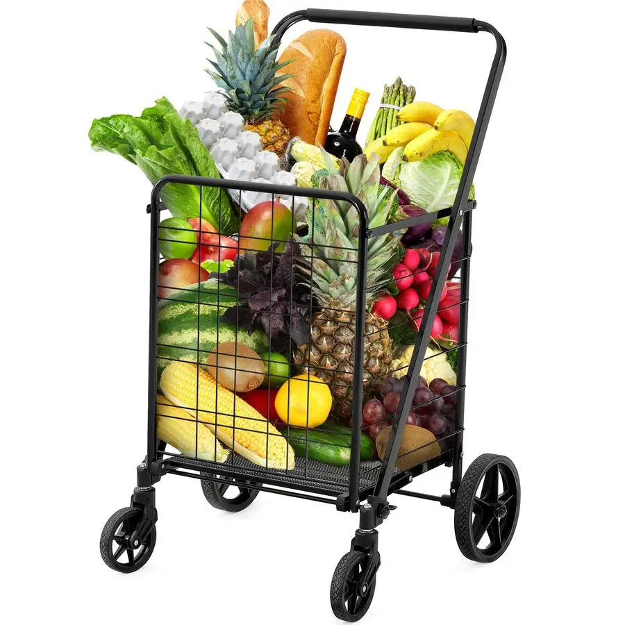 

Utility Foldable Shopping Cart with Wheels, Large Reinforced Mesh Bottom, Portable Collapsible Rolling Cart for Laundry, Grocery