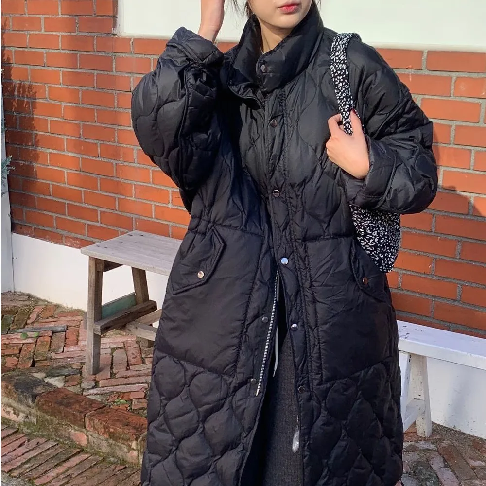 시크한 한국 스타일 중간 길이 무릎 위까지 오는 면 재킷 여성 겨울 신상 패션 롱 코튼 코트 엘레 감성