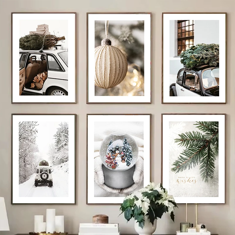 2026 Christmas Tree Ball Decoration Poster Frosted Holly Winter Van Canvas Painting Snowflake Prints Decora Home Room Picture