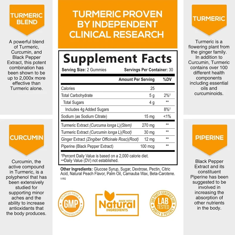 Turmeric curcumin contains black pepper extract and ginger gummies, joint support capsules -60 gummies