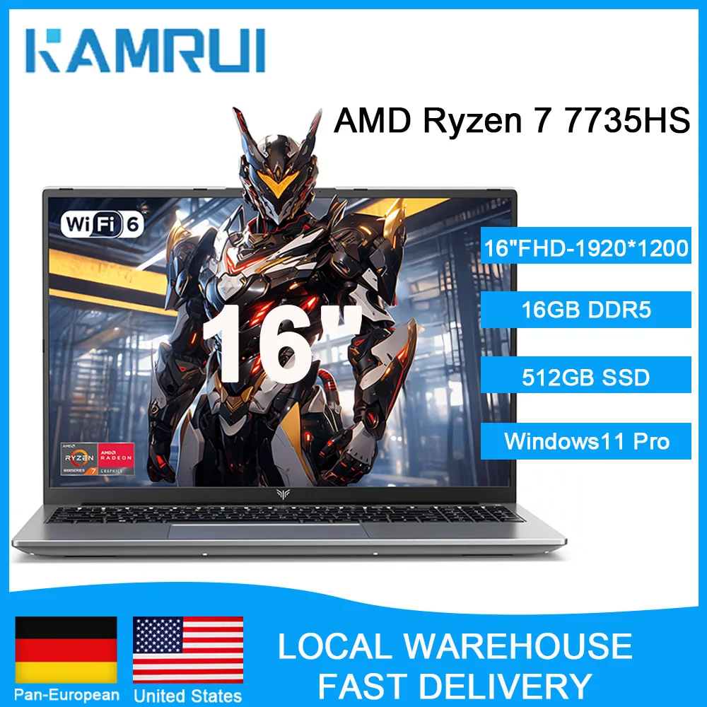كمبيوتر محمول Kamrui Gaming بشاشة 16 بوصة FHD AMD Ryzen 7 7735HS 16GB DDR5 4800MHz 512GB SSD Wifi6 BT5.2 Windows11 Pro كمبيوتر محمول