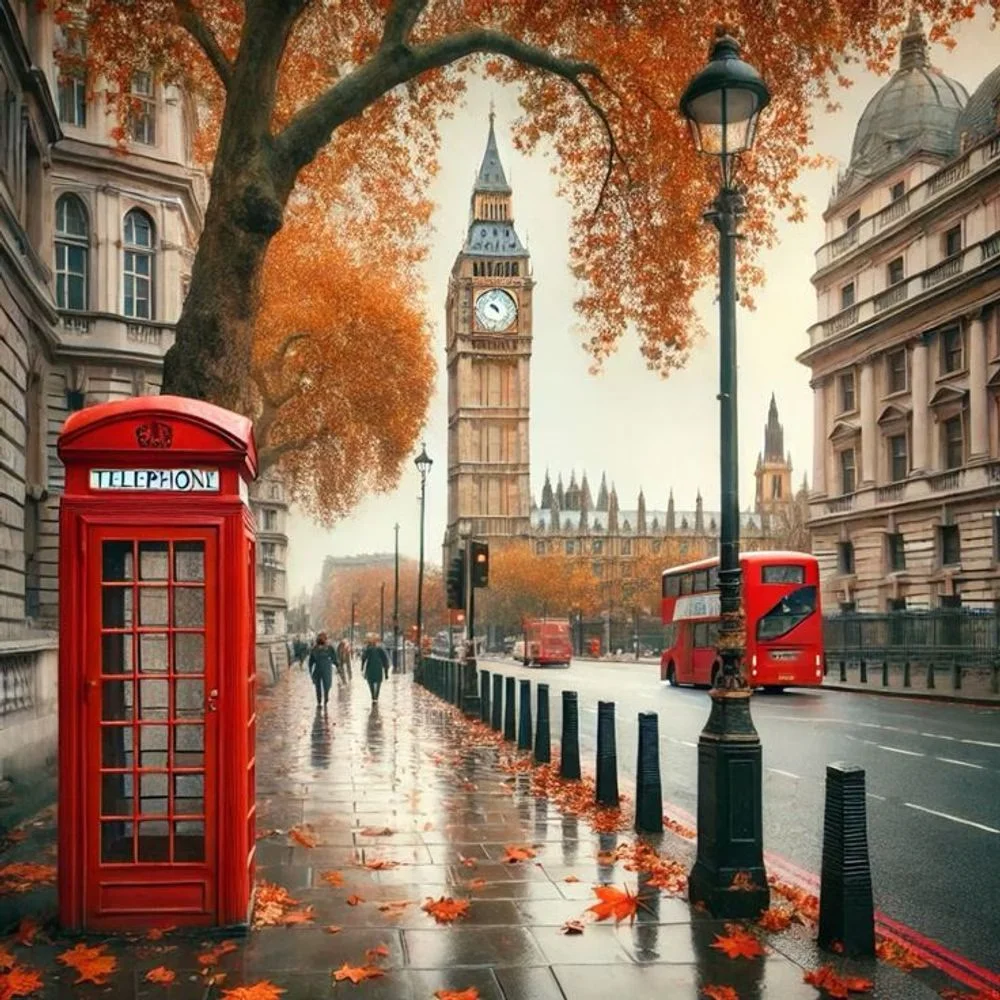 Herbstliches London Big Ben Rote Telefonzelle 5D Diamantmalerei-Set UK Stadtlandschaft Wandkunst Deko für Zuhause und Büro
