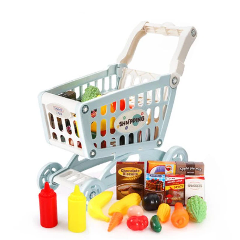 Kids Large Supermarket Shopping Cart Trolley Push Car Toys Basket Simulation Fruit Food Pretend Play House Girls Toy Gift