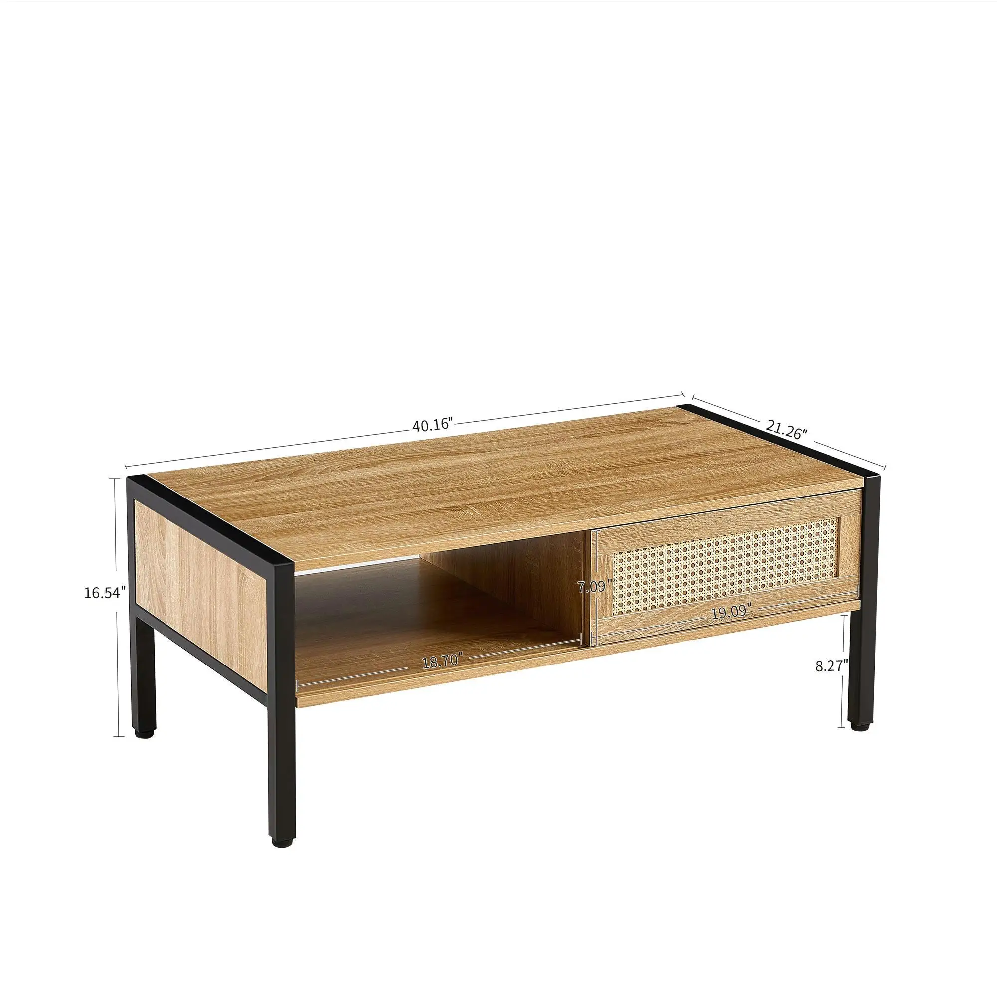 Modern 40.16 Rattan Coffee Table with Sliding for storage Door & Metal Legs - Natural for living Room Furniture