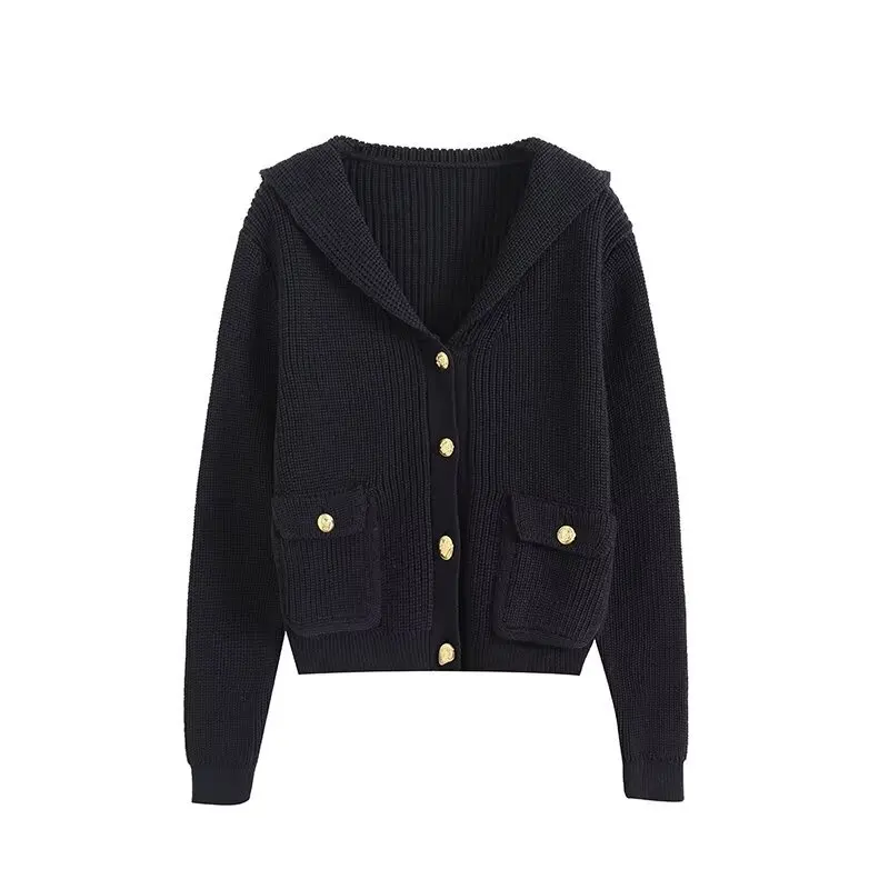 

Woman Navy Collar Knitted Cardigan Single-breasted Double-pocket Solid Color Long-sleeved Knitted Sweater Simple New Female Coat