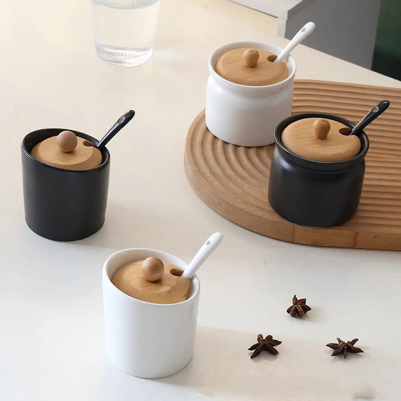 

Nordic Ceramic Seasoning Jar With Spoon Kitchen Storage Box Simple Bamboo Lid Salt Jar Oil Bottle, Seasoning Tools Kitchen