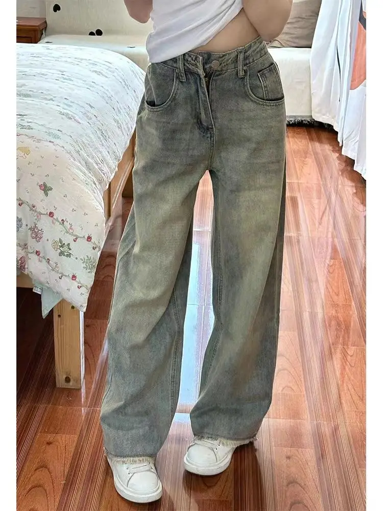 2024 New Retro High Waist Loose Flare Jeans Lady Designer Baggy Wide Leg Pants Korean Version Raw Edge Denim Blue Trousers 957