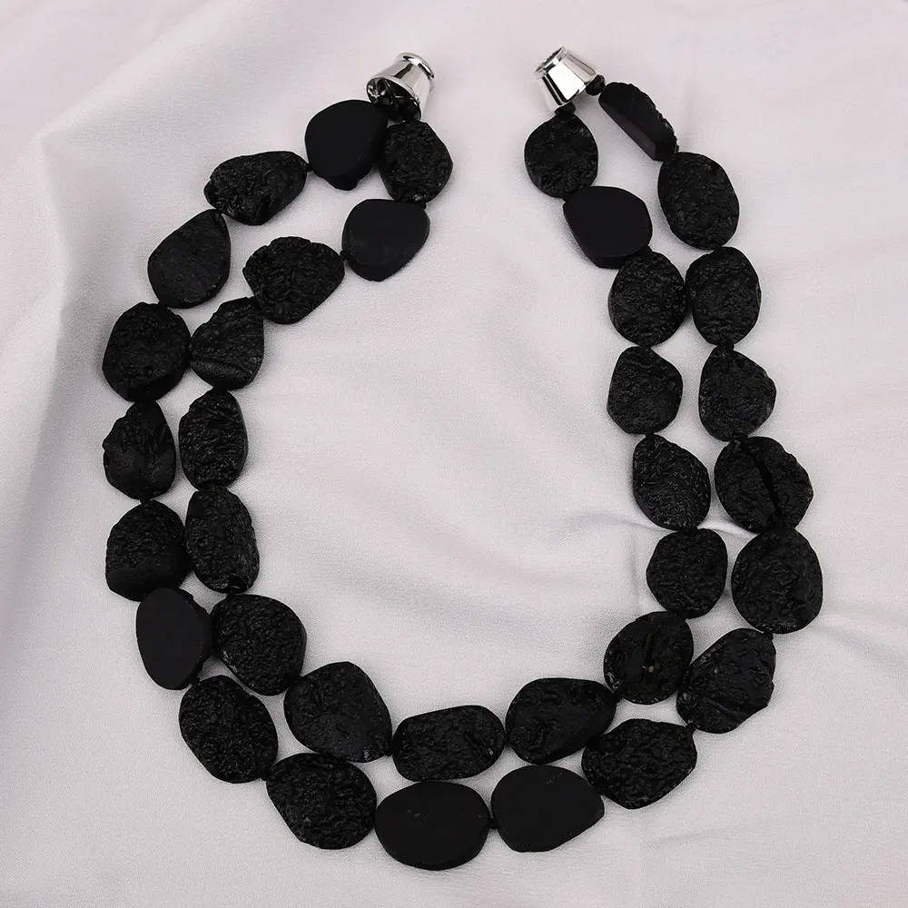 

G-G 2 Rows Heavy Jewelry Natural Black Meteorite Nugget Gems Stone Necklace Handmade Multi Strands Necklace